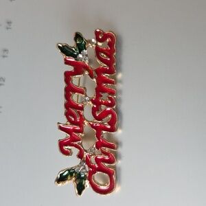 Merry Christmas Pin BROOCH HOLLY LEAVES BLING